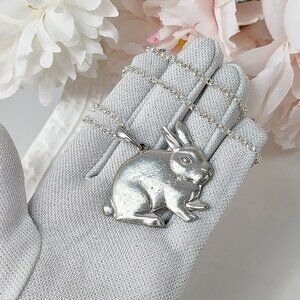 Vintage Bunny Rabbit Pendant Necklace XL Easter Silver-Tone Metal Woodland 26"